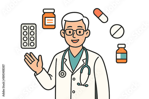 Doctor in white coat with stethoscope offering advice on medicine and pharmacy products