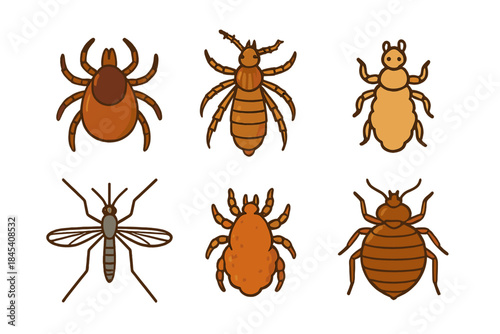 Collection of common parasitic pests including tick, mosquito, louse, and bed bug symbols