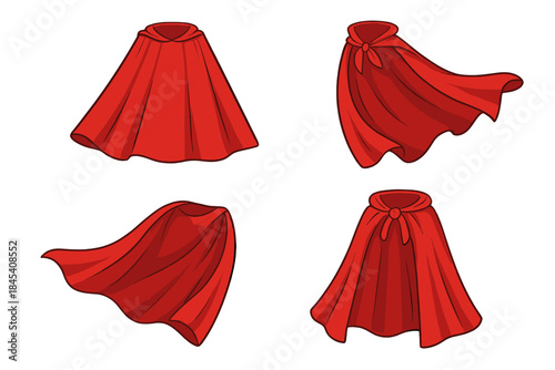 Four different views of a flowing red cape accessory for superhero or fantasy costume