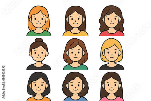 Diverse female avatar portraits with various hairstyles and hair colors for user profile icons