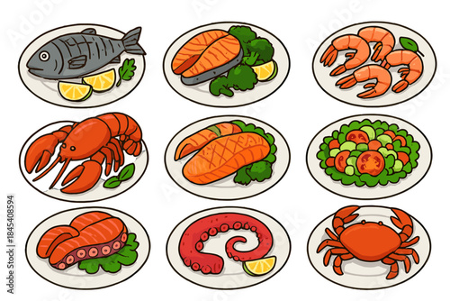 Variety of cooked seafood dishes: salmon, shrimp, lobster, crab, octopus, and whole fish served on plates
