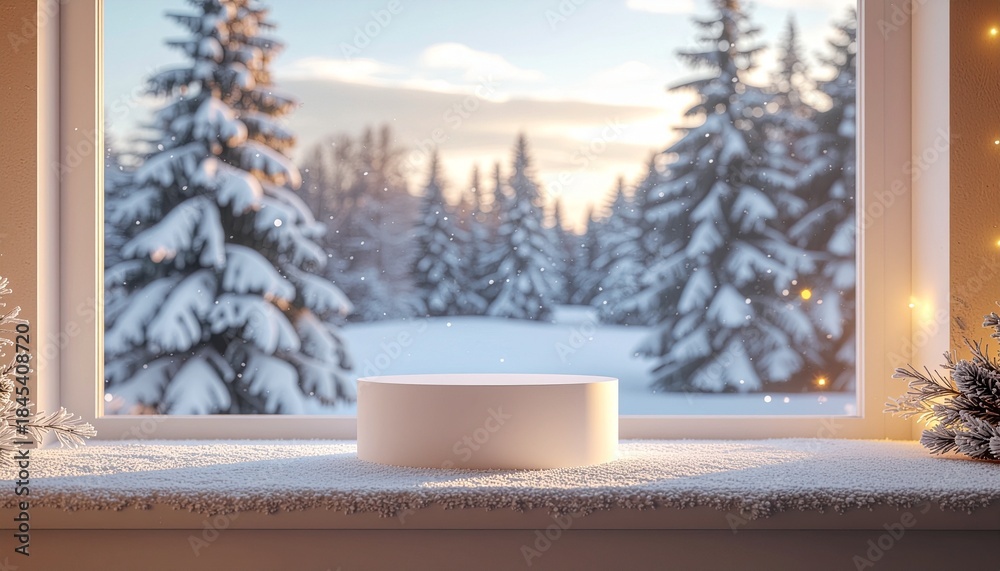 Fototapeta premium Empty white podium on a snowy windowsill with a blurred winter forest background and bokeh lights