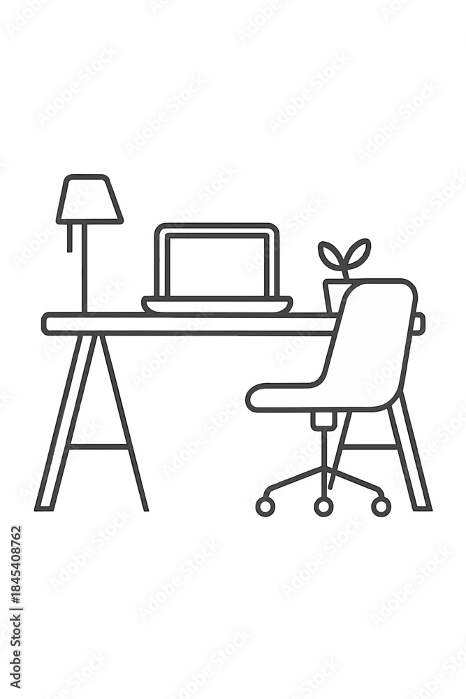 Fototapeta premium Modern minimalist home workspace setup featuring desk laptop chair and lamp