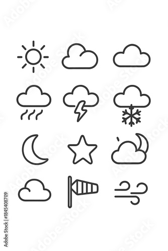 Outline set of weather forecast symbols depicting sun, rain, snow, wind, and clouds