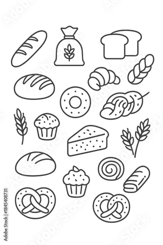 Minimalist outline icons of fresh baked goods and confectionery items for bakery menus