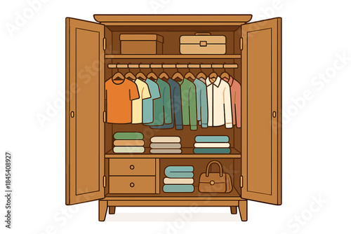 Open wooden wardrobe filled with organized colorful clothes, storage boxes, and accessories