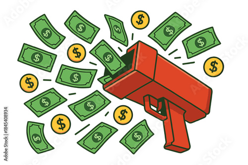 Red cash cannon shooting dollar bills and gold coins symbolizing wealth and financial success