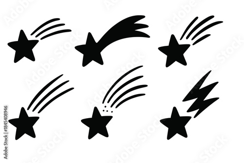 Stylized celestial shooting stars set in black silhouette for cosmic design
