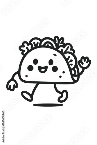 Cheerful cartoon taco character walking and waving hello in minimalist black and white line art