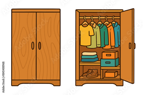Wooden wardrobe with closed and open doors showing organized clothes, shoes, and storage boxes inside