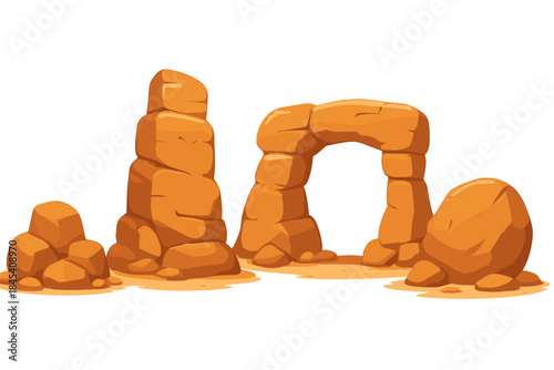 Orange sandstone rock formations and natural arch structure in a desert environment