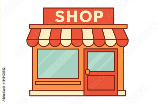Small retail shop building facade with striped awning and sign in flat design style