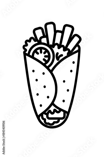 Minimalist black line drawing of a savory fast food wrap filled with ingredients