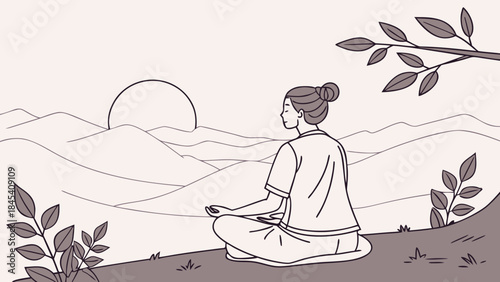 Woman meditating in nature at sunrise, mindfulness, peace and mental health, line art vector illustration
