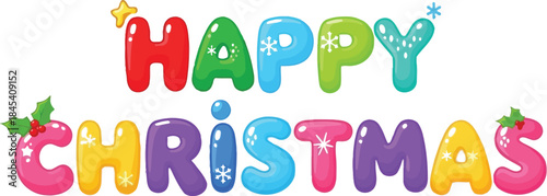 Colorful bubbly text spelling out happy christmas with festive decorations like holly and snowflakes on a white background