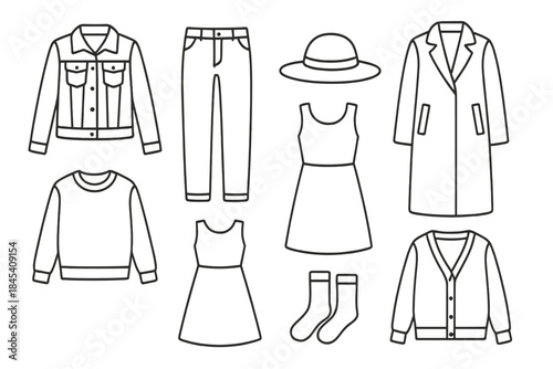 Minimalist line art collection of modern fashion apparel, wardrobe garments, jackets, dresses, pants, and outerwear