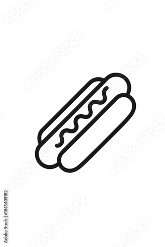 Minimalist black and white line art drawing of a classic hot dog in a bun with sauce