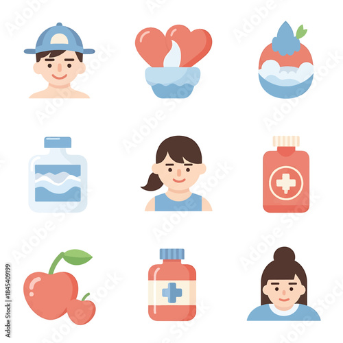 Set of Flat Illustrations representing health, wellness, and care icons on a white background