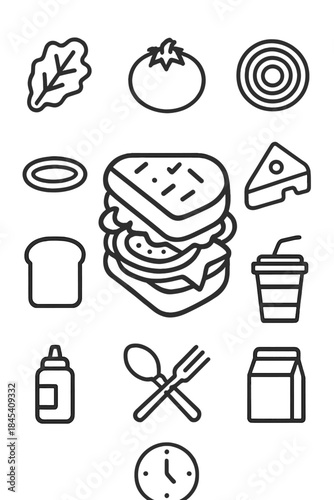 Minimal outline icons of sandwich ingredients, fast food, and dining elements for lunch menus