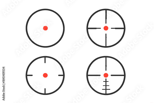 Collection of four different sniper scope crosshairs and target sights with red dot aiming points