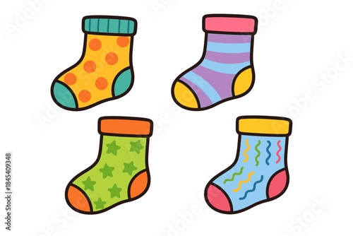 Collection of four brightly colored socks featuring playful patterns like polka dots and stripes
