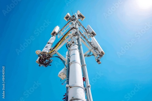 Robust tower setup amidst a clear blue sky for enhanced wireless coverage.