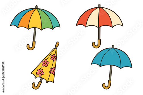 Colorful open and closed umbrellas featuring various patterns and designs