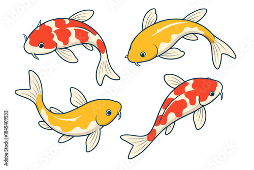 Set of traditional Japanese ornamental Koi fish in red and golden colors