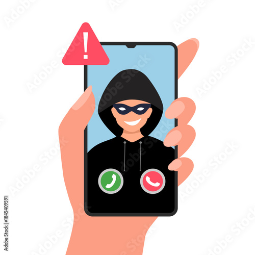 Female hand holding smartphone call from unknown suspect number. Scammer phishing on a mobile phone vector illustration flat design.