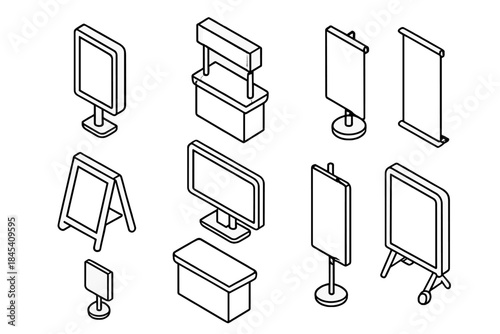 Isometric advertising promotional display stands, signage equipment, and information kiosks