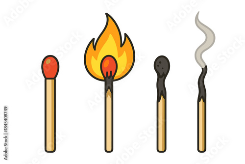 Progression of a matchstick showing unlit, ignited flame, burnt out, and smoking stages