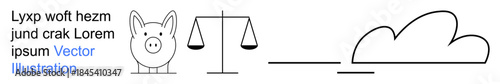 Financial management, legal system, savings planning, cloud computing, decision making, balance in life. Line art of a piggy bank, a justice scale and a cloud. Financial management and savings