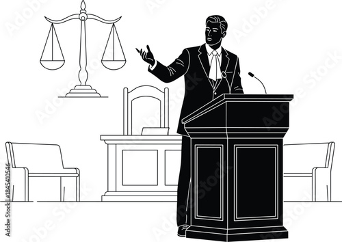 Lawyer Attorney Speaking at Podium in Courtroom SilhouetteLawyer Attorney Speaking at Podium in Courtroom Silhouette