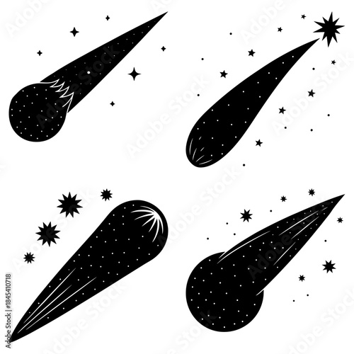 Black Comet Silhouettes with Stars on White Background space