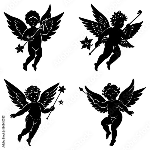 Four Cherubs with Wings and Stars on White Background angel winged