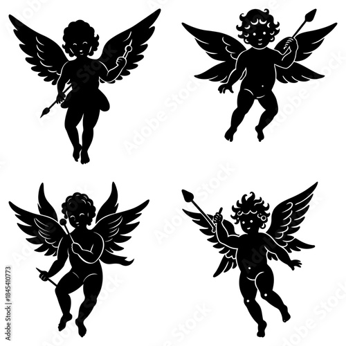 Four black cherub silhouettes with wings and arrows on transparent background cherubs angel