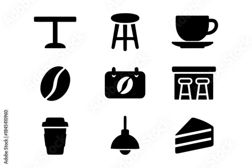Coffee shop interior icons table stool cup bean bar and cake