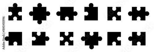 Collection of Black Puzzle Pieces Different Shapes Isolated on White Background