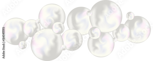 Iridescent white spheres and pearls, floating soap bubbles overlay on a transparent background. Luxury liquid 3D abstract bubbles for cosmetic, fashion, or wedding design. Editable vector illustration