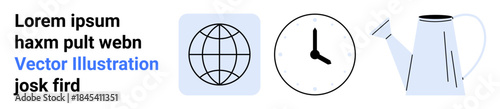 Time management, global connectivity, sustainability, productivity, growth, ecology. Graphics include a globe, clock and watering can. Time management and global connectivity