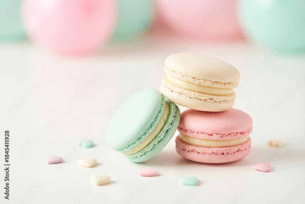 Obraz premium Pastel macarons with heart candies for celebration