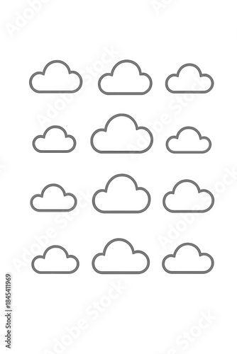 Twelve simple minimalist cloud shapes set as outline icons for weather or data concepts