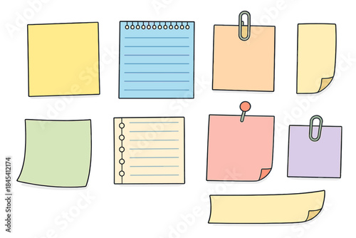 Collection of blank colorful sticky notes, memo pads, paper clips, and pushpins for reminders