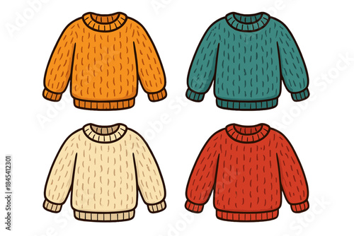 Collection of cozy knitted pullover sweaters in warm autumn colors for cold weather style