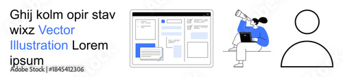 Digital research, website design, user interface, technology learning, professional development, teamwork communication. A webpage mockup, a user with a telescope and abstract profile icon. Digital