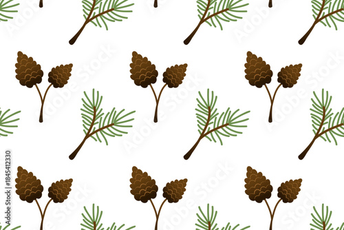 Seamless pattern of fir branches and pine cones. Colorful, flat-style ornament featuring evergreens.
