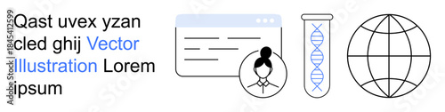 Education, research, communication, global connection, science, innovation. a web interface, DNA strand profile icon and globe. Education and research concepts