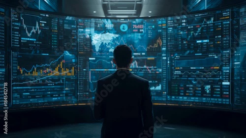Analyst Standing Before Massive Digital Data Wall in Control Center Showing Real Time Market Intelligence Strategic Monitoring and Advanced Analytics