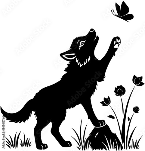 Playful Wolf Pup Reaching for Butterfly – Black and White Nature Scene