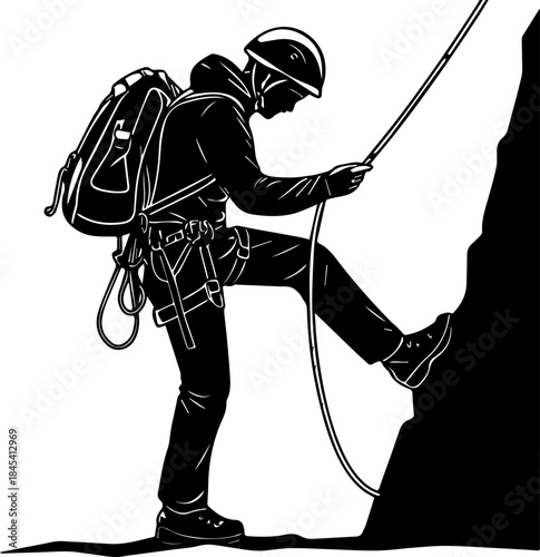 Rock Climber with Gear – Black and White Adventure Silhouette